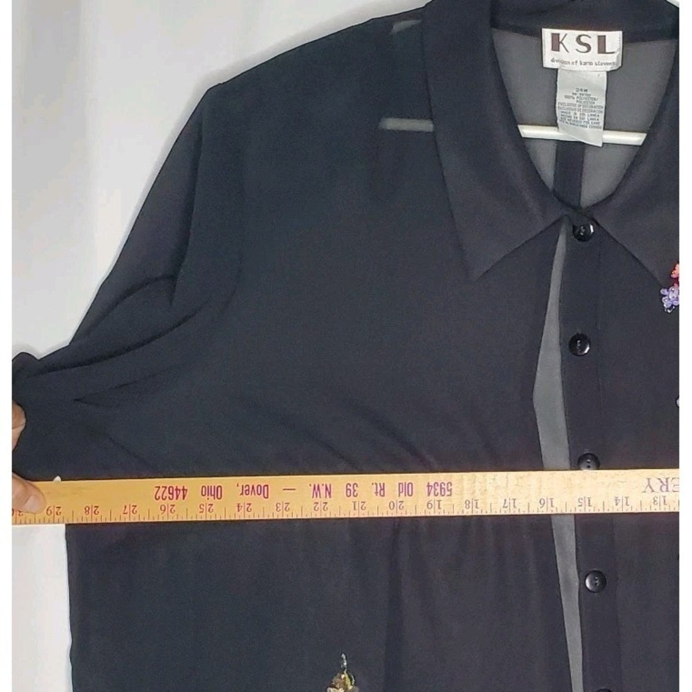 Karin Stevens Top Women 24W Black Sheer Open Back Short Sleeve Beaded Flower 90s - Picture 8 of 11
